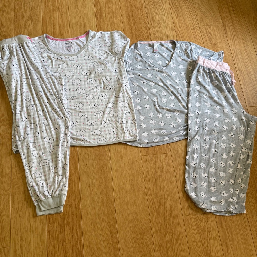 Pillow Talk Pajama Set Women XL Gray White Cat Print 2-Pack Loungewear Bundle